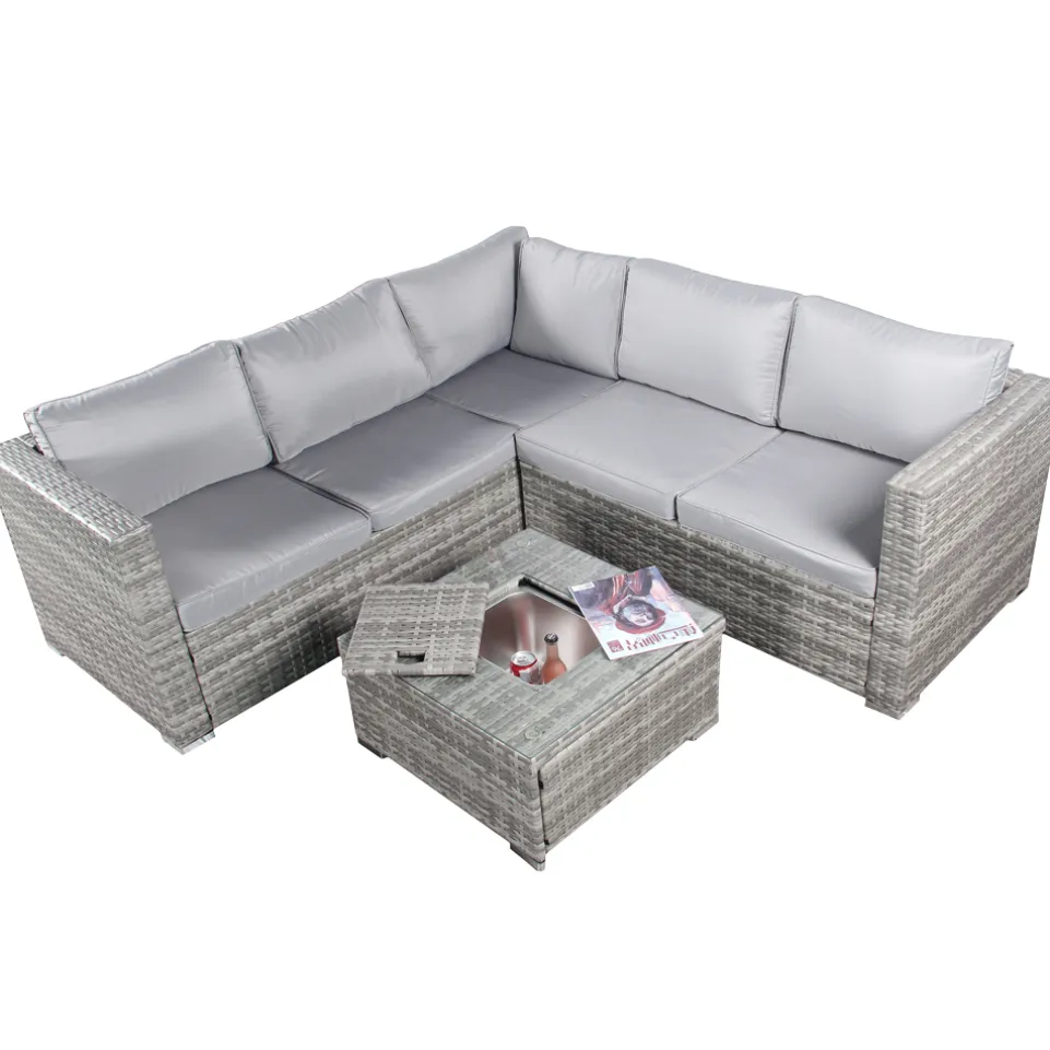 BIXENTE Polyrattan Garten-Lounge 5-Sitzer mit Tisch, Auflagen und Eisfach